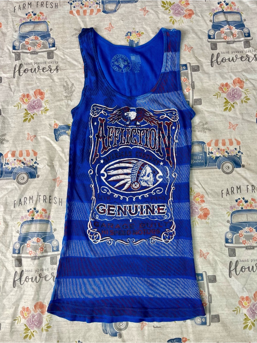 Vintage Affliction Blue Stripe Skeleton Indian Motor Club Flag Ribbed Tank Small